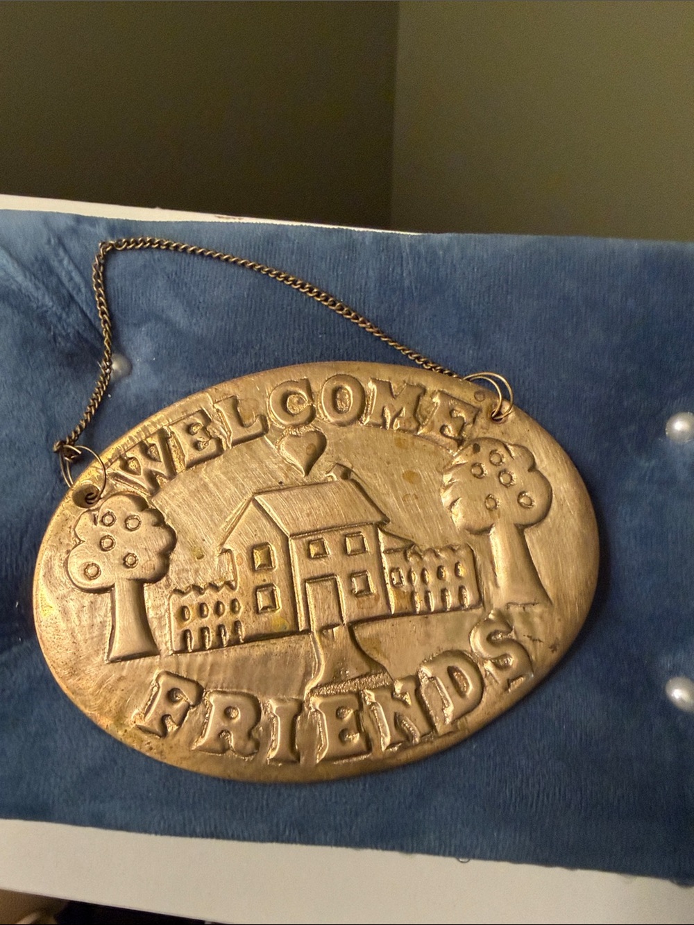 Welcome Friends Hanging Plaque in Solid Brass Handmade in India 4.75x3.5